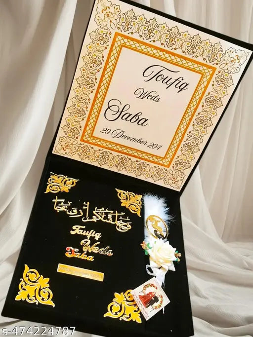 Majestic Red Velvet Wedding Invitation Box with Golden Embellishments