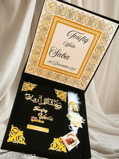 Majestic Red Velvet Wedding Invitation Box with Golden Embellishments