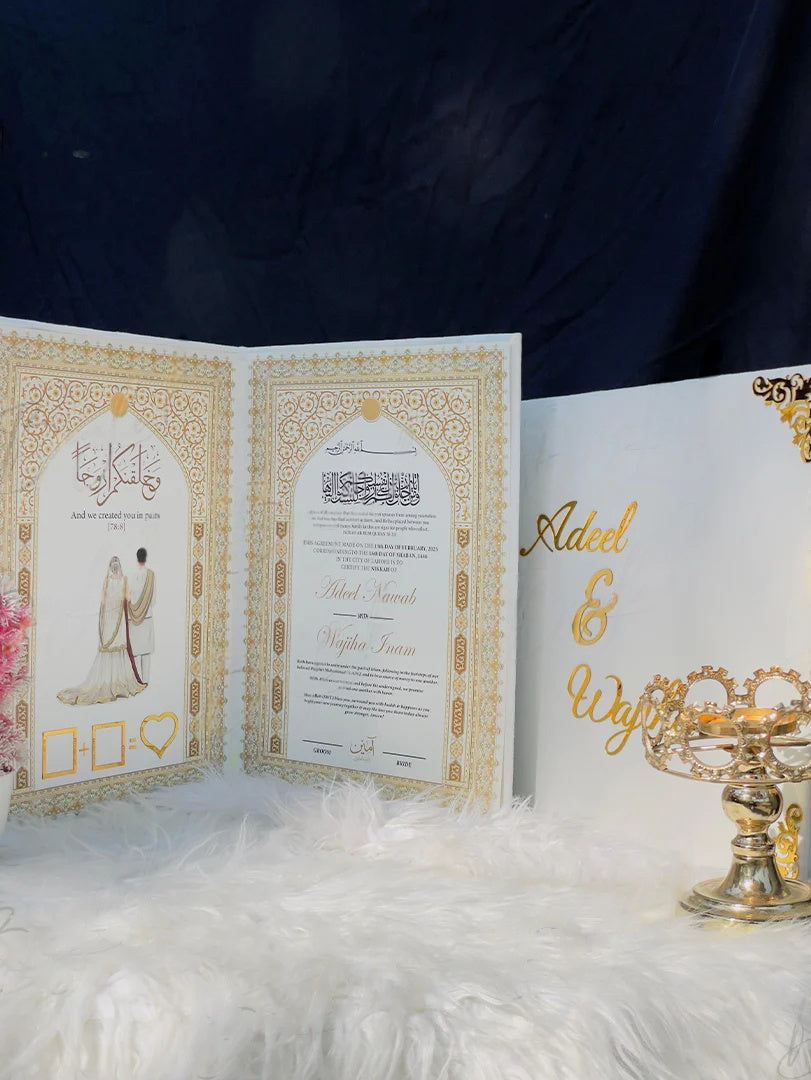 Elegant White Nikah Nama Folder with Custom Illustrated Cover
